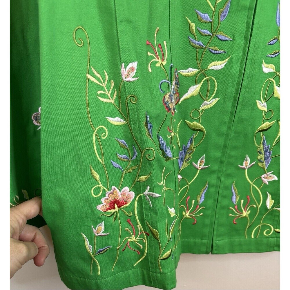 QUAKER FACTORY Green Floral Embroidered Zip Up Jacket Large Butterfly Spring NEW - Picture 8 of 16
